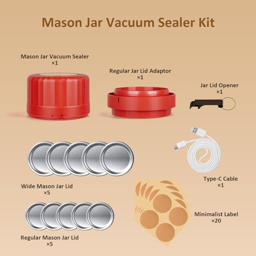 HTPOW Electric Mason Jar Vacuum Sealer Kit + Wide & Regular Mouth Mason Lid | Kitchen Tool, Vacuum Sealing Machine for Canned Food Storage Pantry, Homesteading Supplies, Gifts for Mom Grandma - color: Red