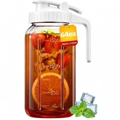 64oz Mason Jar Pitcher with Airtight Leakproof Lid and Pour Spout, 2 Quart Glass Pitcher with Handle for Iced Tea, Cold Brew Coffee, Sun Tea, Milk and Juice Storage - color: White, size: 64 Ounces