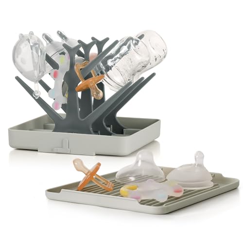 haakaa Portable Baby Bottle Drying Rack with Tray,Foldable Space Saving Bottle Drying Tree for Bottles/Pump Parts/Pacifiers,Easy-Store Dryer Rack Great for Travel & Home, BPA Free (Grey) - color: Slate Grey