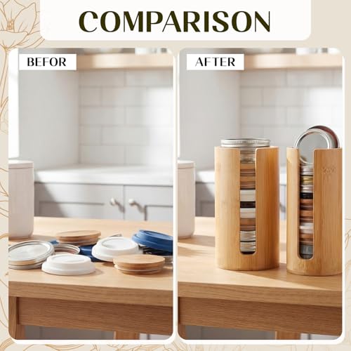 LemonRoad 2 Packs Mason Jar Lid Organizer Vertical Bamboo Storage Holder Fits Wide Mouth and Regular Mouth Mason Jar Accessories for Canning Lid Kitchen Rack Cabinet Organization (Single Sided Open) - style: Single Sided Open