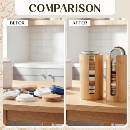 LemonRoad 2 Packs Mason Jar Lid Organizer Vertical Bamboo Storage Holder Fits Wide Mouth and Regular Mouth Mason Jar Accessories for Canning Lid Kitchen Rack Cabinet Organization (Single Sided Open) - style: Single Sided Open