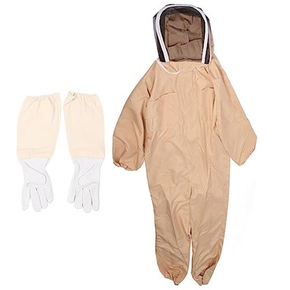 Beekeeping Suit Canvas Full Body Beekeeper Outfit with Gloves for Men Women Apiary Protective Clothing, Light Coffee