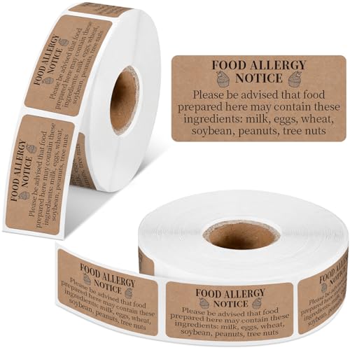 Gueevin 600 Count 1x2'' Food Allergy Warning Labels Allergies Restaurant Food Safety Self Adhesive Stickers Restaurant Removable Thermal Printed Labels for Kitchen(Brown) - color: Brown