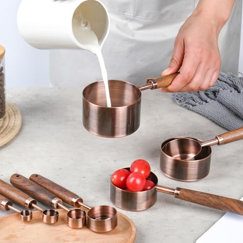 Copper Measuring Cups & Spoons Set 8, Stainless Steel Measuring Cups and Spoons Set for Baking and Kitchen, Metric & US Metal Measure Cup & Spoon with Wood Handle for Dry & Liquid - color: Copper