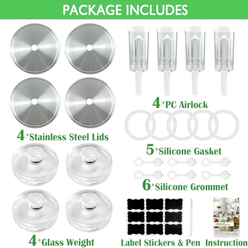 Fermentation Kit for Wide Mouth Mason Fermentation Jar, Fermentation Kit with 4 Glass Fermentation Weights,4 Fermenting Lids,4 Airlocks,5 Silicone Gaskets,6 Silicone Grommets, 9 Stickers（No Jars）
