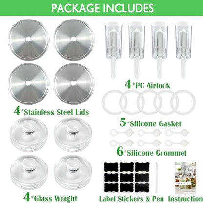 Fermentation Kit for Wide Mouth Mason Fermentation Jar, Fermentation Kit with 4 Glass Fermentation Weights,4 Fermenting Lids,4 Airlocks,5 Silicone Gaskets,6 Silicone Grommets, 9 Stickers（No Jars）