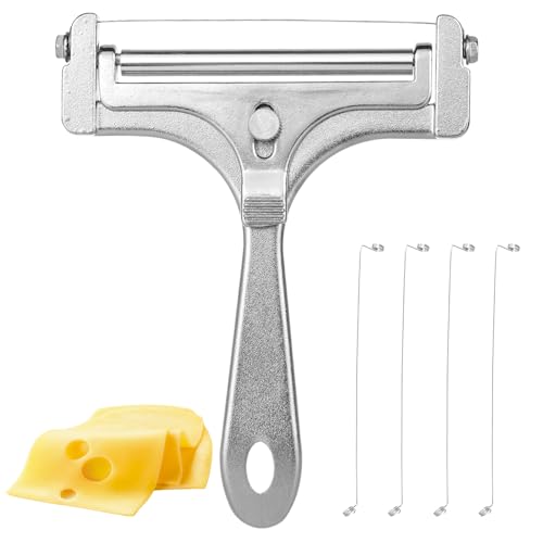 Cheese Slicer, Stainless Steel Cheese Cutter with 4 Extra Replacement Wires, Adjustable Handheld Cheese Slicers Cutters for Block Cheese Cheddar Gruyere Mozzarella, Kitchen Slicing Tools