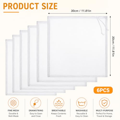 6 Pack Cheesecloth Filter Bags, 12 x 8 Inch Reusable 100 Mesh Nylon Food Strainer Bags with Drawstring, Food Grade Filter Bags for Juice, Yogurt, Nut Milk, Coffee and Cheese Making