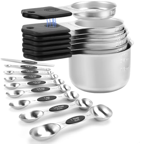 Magnetic Measuring Cups and Spoons Set-Heavy Duty 304 Stainless Steel，Double Measurement Markings，Set of 16 with Leveler for Measure Dry and Liquid Ingredients (Black) - color: Black