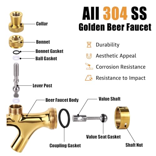 Golden Beer Faucet Keg Tap Faucet, All 304 Stainless Steel Draft Beer Tap Kegerator Tap with 4 Holes Cap, Beer Dispenser Kegerator Parts for American Beer Shank and Beer Tap Tower