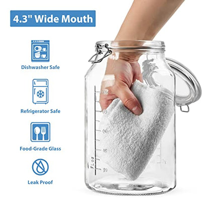 1 Gallon Round Glass Storage Jars, Airtight Glass Pickle Jars, Mason Jars | 4.3" Wide Mouth, Airtight Flip Lid, 2 Pack Food Grade Canisters, Gallon Glass Jars with ML/OZ Scale Line, Dishwasher Safe
