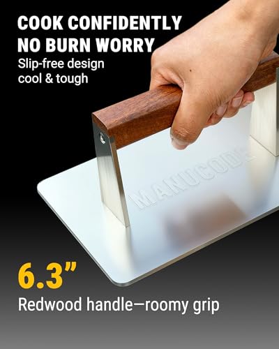 Stainless Steel Bacon Press - 3.2 LB Heavy Cooking Weight, Ideal for Flat Top Grill - Griddle Accessories for Searing Smash Burger, Steak, Sandwich - 9.25 x 5.7 Inches, Flat Bottom, Rectangle - size: 9.25"x5.7"