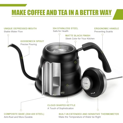 Tea Kettle with Thermometer,Black Gooseneck Coffee Kettle Pot Stovetop,40oz | Stovetop Tea Kettle,Teapot Pour Over Kettle,1200ml,6 Cup, 1Pack - color: Black (with Thermometer), size: 1.3 Quarts