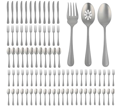 Gibson Home Sinta 87-Piece Stainless Steel Flatware Set with Bead Border Design – Service for 12 Plus Serving Utensils, Polished Silverware, Dishwasher Safe - size: Service for 12 w/ Serving Utensils (87pcs)