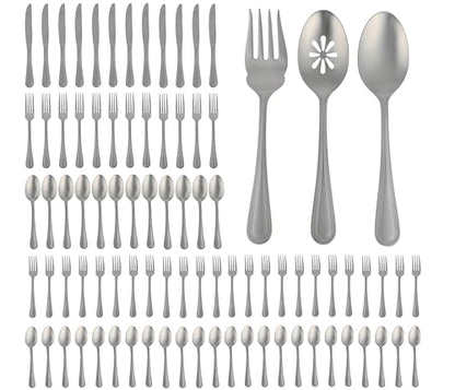 Gibson Home Sinta 87-Piece Stainless Steel Flatware Set with Bead Border Design – Service for 12 Plus Serving Utensils, Polished Silverware, Dishwasher Safe - size: Service for 12 w/ Serving Utensils (87pcs)
