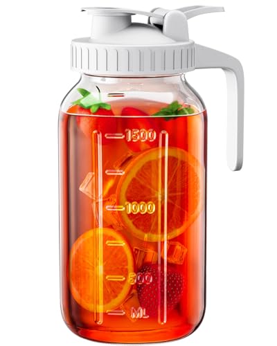 64 oz Glass Pitcher with Lid, Large Wide Mouth Mason Jar with Pour Spout, White Sun Tea Glass Jar for Outside, Breastmilk Pitcher Great for Drink, Cold Beverages and Breast Milk - color: White, size: 64 Ounces