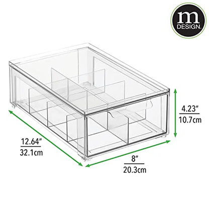 mDesign Plastic Kitchen and Pantry Organizer with Divided Drawer - Stackable Bin with 8 Sections for Tea and Snack Food - Perfect for Organizing Cabinet, Fridge - Lumiere Collection - 2 Pack - Clear