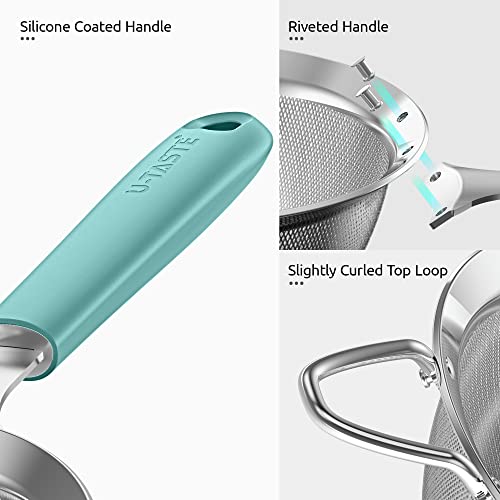 18/8 Stainless Steel Mesh Strainer: U-Taste 3.9 Inch Kitchen Fine Mesh Sieve Food Colander with Riveted Sturdy Silicone Handle and 30 Mesh Hole for Straining Flour, Quinoa, Tea, Juice (Aqua Sky) - color: (1) Aqua Sky, size: Small (3.9 x 11.1 in)