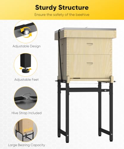 Mondazie Adjustable Metal Bee Hive Stand with 120-Inches Strap for 8 & 10 Frame Beehives Box, 12 to 19 Inches Width Beehive Frame Holder , Heavy Duty Flow Hives Stands Base for Beekeeping, Black - color: Black - Standard
