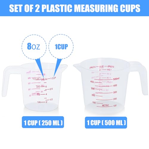 DTDNZKN 2 Pack Measuring Cup Set, 250ml (1-Cup) and 500ml (2-Cup) | Plastic Liquid Measuring Cups- Baking, Cooking, Mixing & Measuring Cups, Essential Kitchen Tools