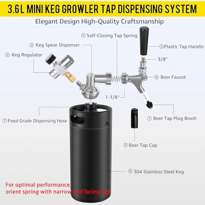 MRbrew 128oz Black Mini Keg Growler Portable Draft Beer Dispenser System Pressurized Stainless Steel Beer Growler Tap System Home Mini Kegerator, with Professional Beer Tap and CO2 Regulator