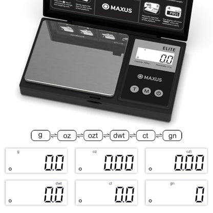 MAXUS Digital Gram Scale 1000g/0.1g, Small Food Scale with Backlit LCD, Mini Pocket Scale for Jewelry - color: Matte Black