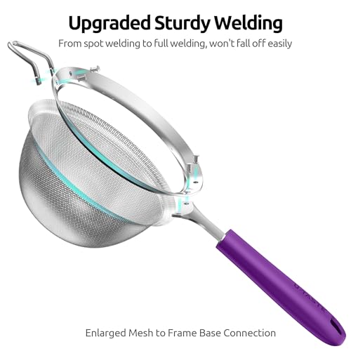 U-Taste Medium Fine Mesh Strainer: 18/8 Stainless Steel 4.73in 30 Mesh Kitchen Food Sieve with Sturdy Riveted Silicone Handle, Heavy Duty Deep Handheld Metal Colander for Rice, Quinoa, Flour (Purple) - color: (5) Purple, size: M-4.73in