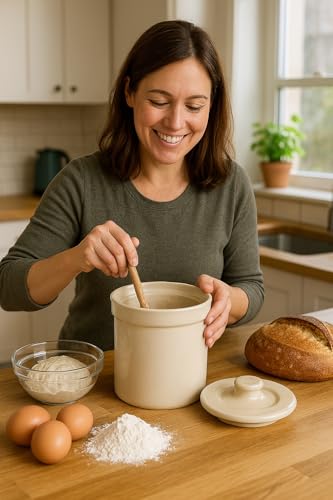 Humble House Sourdough Bread Starter Kit 1/2 Gallon Sauerkrock Open Ceramic Crock with lid 2 Liter Large Capacity 64 Ounce Jar for the perfect sour dough bread - baking supplies Made in America - size: 0.5 Gallon