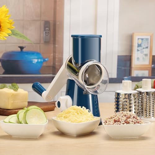 Cambom Rotary Cheese Grater Hand Crank Cheese Shredder for Fresh Cheese, Vegetable, Nuts,Non-slip Suction Base，Three Blades,Dark Blue - color: Dark Blue, size: 3 BLADES