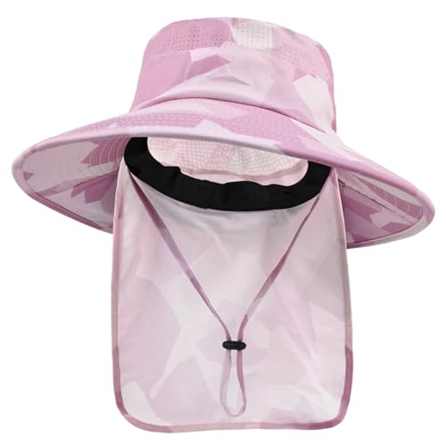 Sun Hats for Men Women Fishing Hat UPF 50+ Breathable Wide Brim Bucket Hats Summer UV Protection Safari Hat with Neck Flap - color: Camo Pink