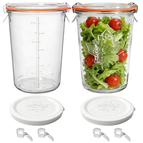 2 Pack Sourdough Starter Jar,27oz Glass Storage Containers with Glass Lids &Plastic Lids,Airtight Wide Mouth Jars for Pickling,Overnight Oats,Salad