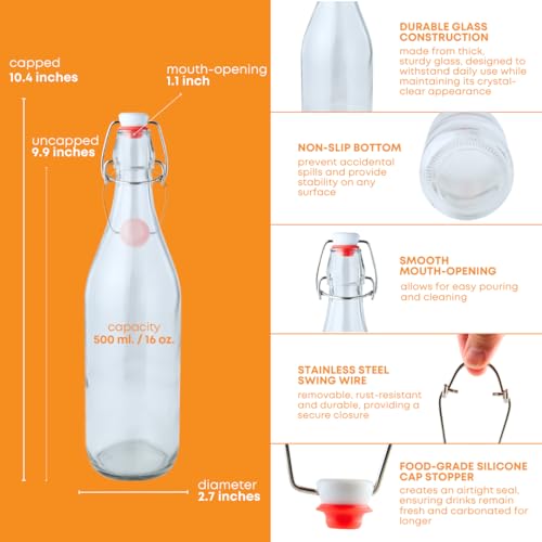 FastRack Swing Top Glass Bottles 16oz (500ml) – 12 Pack | Clear Flip Top Bottles with Airtight Lids | Reusable Glass Containers for Olive Oil, Vinegar, Kombucha, Beer & Fermentation - size: 12 Pack