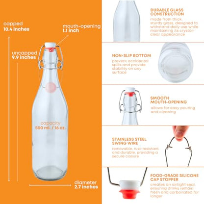 FastRack Swing Top Glass Bottles 16oz (500ml) – 12 Pack | Clear Flip Top Bottles with Airtight Lids | Reusable Glass Containers for Olive Oil, Vinegar, Kombucha, Beer & Fermentation - size: 12 Pack