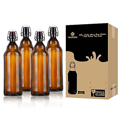 YEBODA 32 oz Amber Glass Beer Bottles for Home Brewing with Flip Caps, Case of 4