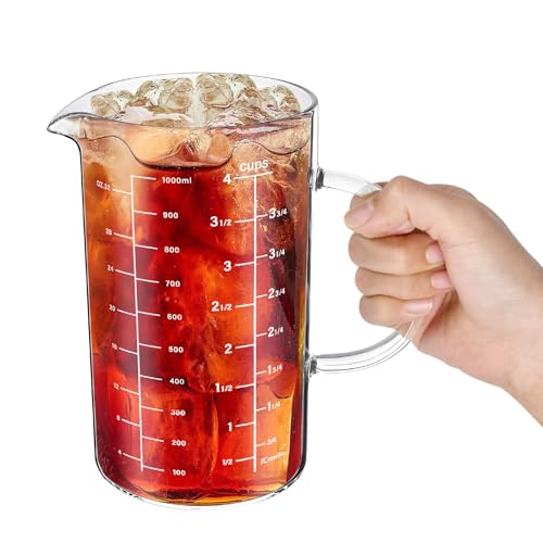 Glass Measuring Cup, 1000 ML (33.8 Oz, 4 Cup) High Borosilicate Glass Measuring Cup with Wood Lid Insulated Handle V-Shaped Spout for Kitchen Restaurant Easy To Read