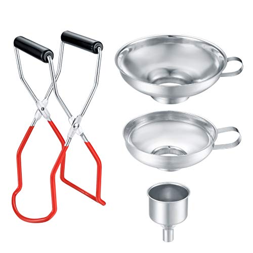 3 Pcs Canning Funnels for Wide and Regular Jars, Stainless Steel Wide Mouth Funnels, Metal Funnel Set for Kitchen Use, Transferring Liquid Power Mason Jam Grains, with Jar Tongs Lifter