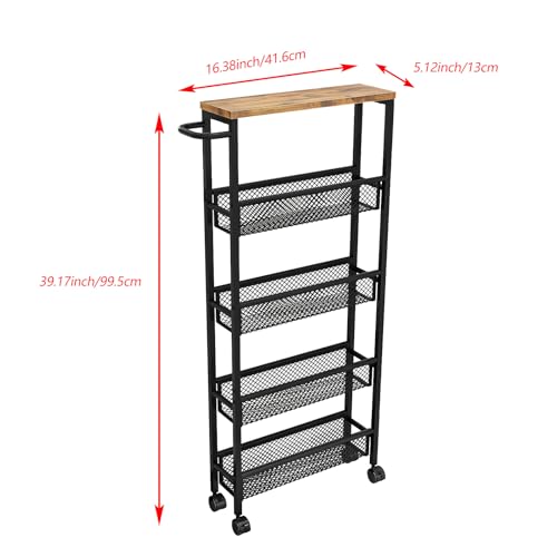 AZERPIAN Slim Rolling Cart 5 Tier Narrow Storage Cart on Wheels with MDF Board Top and Metal Handle for Small Space Kitchen Living Room Home Office Pantry Bathroom Laundry (16.38 x 5.12 x 39.17 inch) - size: 16.38 x 5.12 x 39.17 inch
