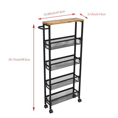 AZERPIAN Slim Rolling Cart 5 Tier Narrow Storage Cart on Wheels with MDF Board Top and Metal Handle for Small Space Kitchen Living Room Home Office Pantry Bathroom Laundry (16.38 x 5.12 x 39.17 inch) - size: 16.38 x 5.12 x 39.17 inch