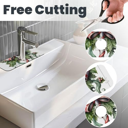Kitchen Sink Faucet Mat Splash Guard, Christmas Candy Cane Holly Berries Super Absorbent Drying Mat, Non-Slip Drain Pad for Bathroom Counter - color: Candy Cane Holly Berries