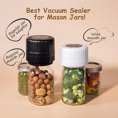 HTPOW Automatic Mason Jar Vacuum Sealer, One-Touch for Food Storage | Canning, pickling, one-touch operation, 1300mAh rechargeable battery, wide & regular mouth jar compatible - color: White