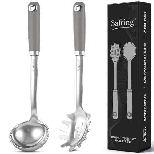 Safring Stainless Steel Soup Ladle and Spaghetti Spoon Set, Heat Resistant Rubber Handle, Dishwasher Safe, Kitchen Utensils for Cooking, Stirring, Serving Pasta, Soup & Sauce (Gray) - color: Gray