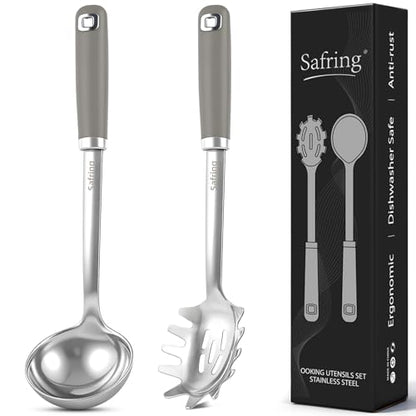 Safring Stainless Steel Soup Ladle and Spaghetti Spoon Set, Heat Resistant Rubber Handle, Dishwasher Safe, Kitchen Utensils for Cooking, Stirring, Serving Pasta, Soup & Sauce (Gray) - color: Gray