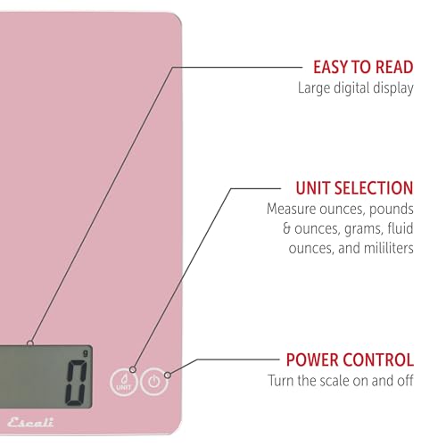 Escali Arti Glass Food Scale Digital Countertop Kitchen, Baking and Cooking Scale with Large Display, 15-Pound Capacity, 9" x 6.5" x .75", Classic Pink - color: Pink