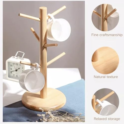 Mug Holder Tree, Coffee Cup Holder, Bamboo Mug Tree for Counter, Coffee Mug Rack Dryer with 6 Hooks