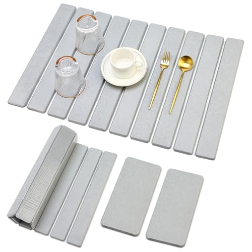 Large Stone Dish Drying Mat for Kitchen Sink Countertop Dish Drainer Diatomaceous Earth Mat Collapsible Dishes Rack Drying Tray Water Absorbent Quick Draining Pads Fast Foldable Bathroom Drying Mats - color: Light Gray