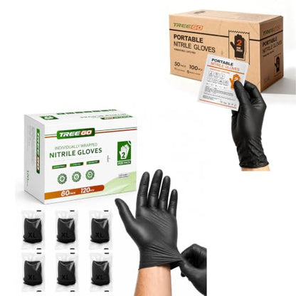 TREEGO Black Individually Wrapped Nitrile Gloves Bundle, X-Large, 110 Pairs Total, Disposable 5 Mil Latex Free Powder Free Gloves for Commercial Food Prep, Catering, Restaurant, Bakery, Cleaning
