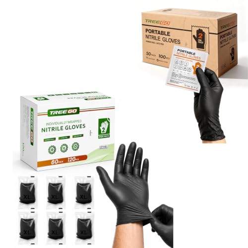 TREEGO Black Individually Wrapped Nitrile Gloves Bundle, X-Large, 110 Pairs Total, Disposable 5 Mil Latex Free Powder Free Gloves for Commercial Food Prep, Catering, Restaurant, Bakery, Cleaning