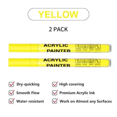 Acrylic Paint Pens Waterproof Markers 2 Yellow Permanent Marker Pens Acrylic Pens for Rock Painting Glass Stone Ceramic Metal Fabric Pebble Painting pens Craft Supplies - color: Yellow