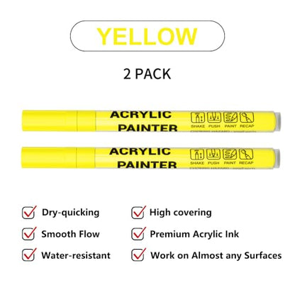 Acrylic Paint Pens Waterproof Markers 2 Yellow Permanent Marker Pens Acrylic Pens for Rock Painting Glass Stone Ceramic Metal Fabric Pebble Painting pens Craft Supplies - color: Yellow