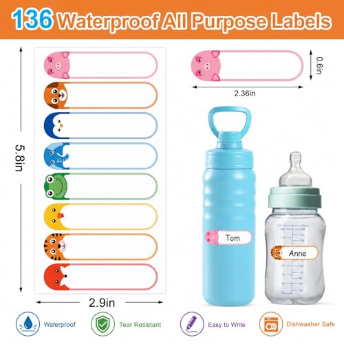 Self-Laminating Name Labels for Daycare and School, Waterproof Name Stickers for Kids Toddler Stuff, Baby Bottles, Water Bottles and Food Containers, Dishwasher Safe - 136 Pack - color: Cute